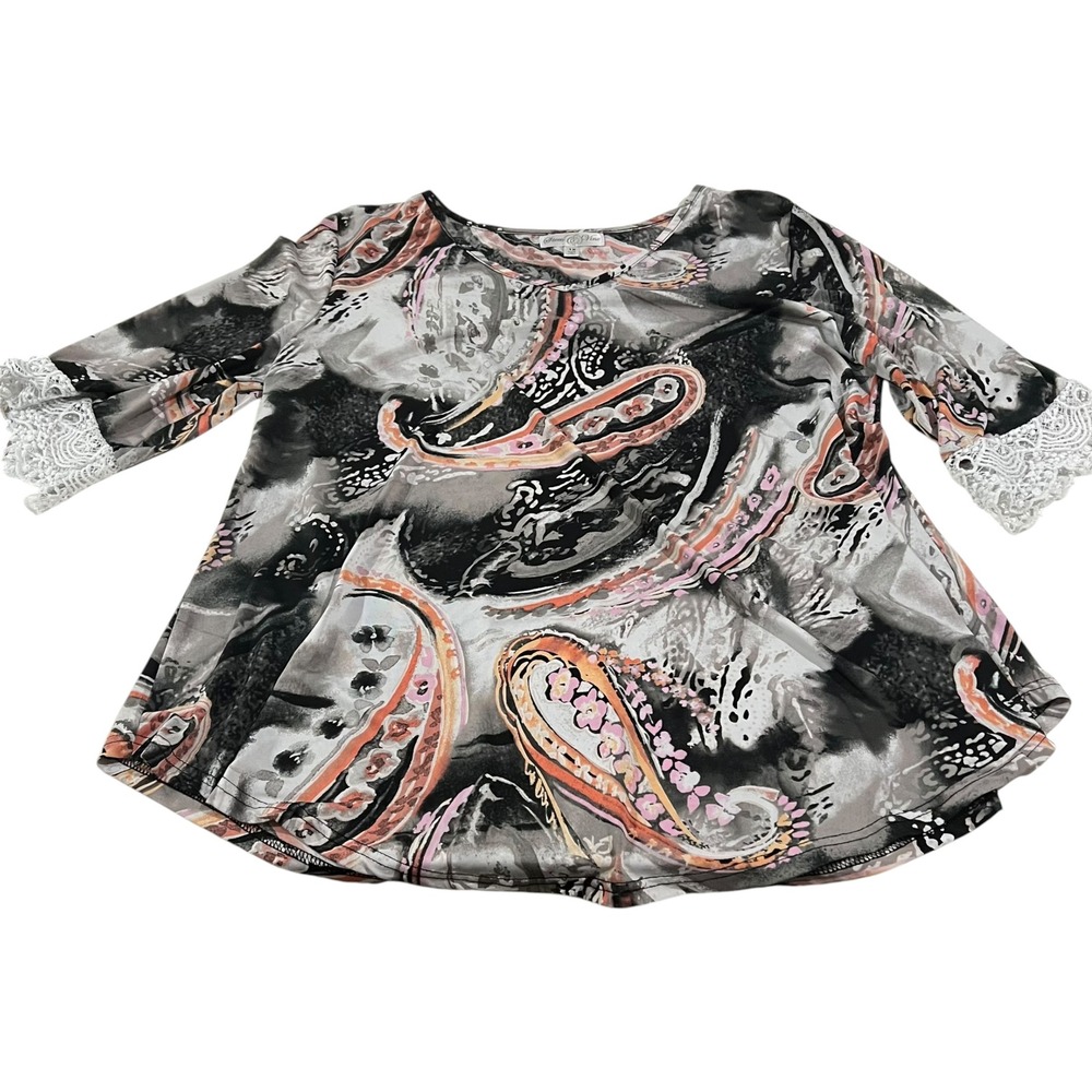Stem & Vine Black Coral Grey White Paisley V-Neck Blouse Women's 1X Lace